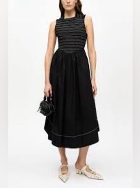 Ganni Cotton Smock Black Sleeveless Midi Dress with Striped Bodice size 42 BNWT!